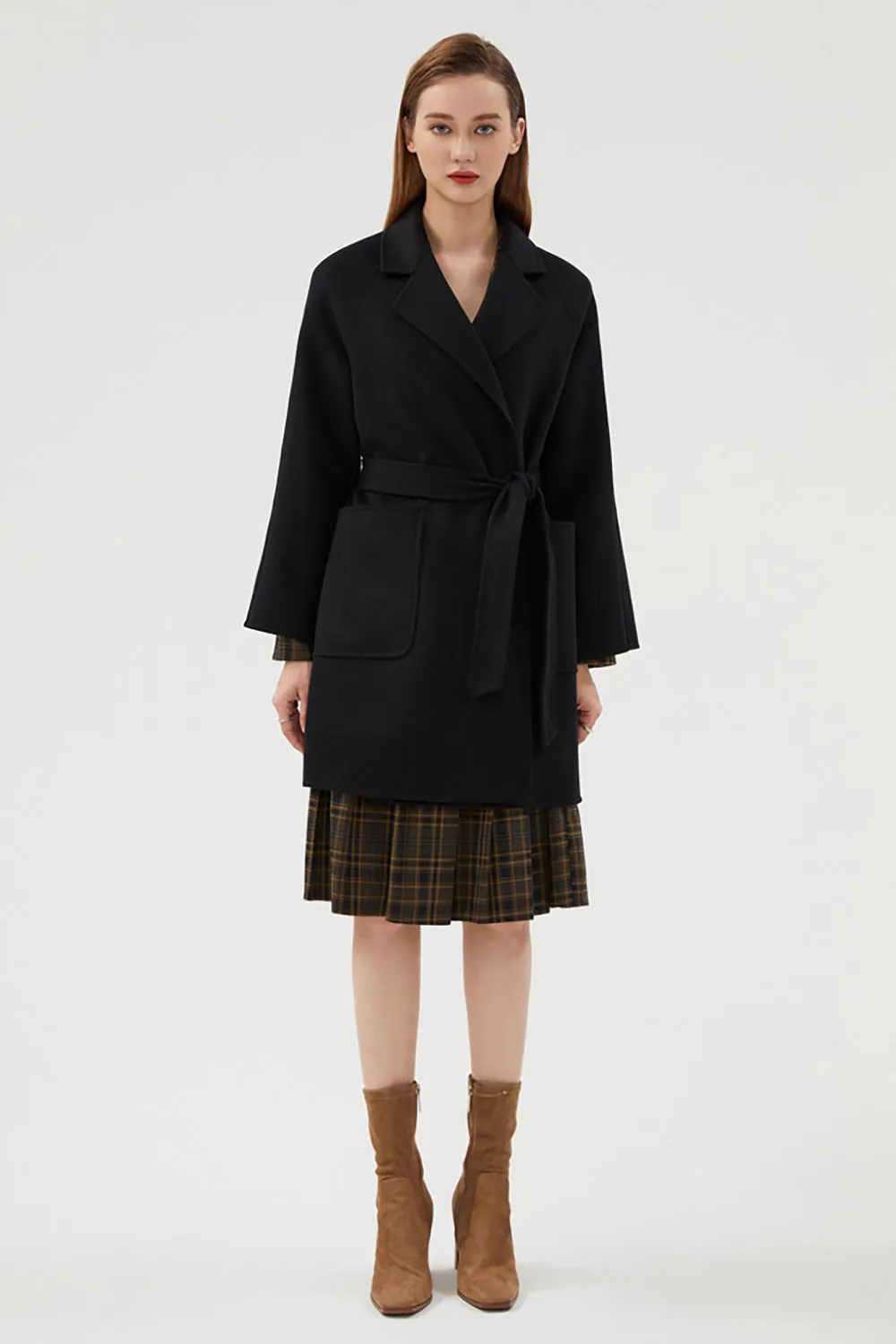 Black Long Notched Lapel Reversible Wool Coat with Belt