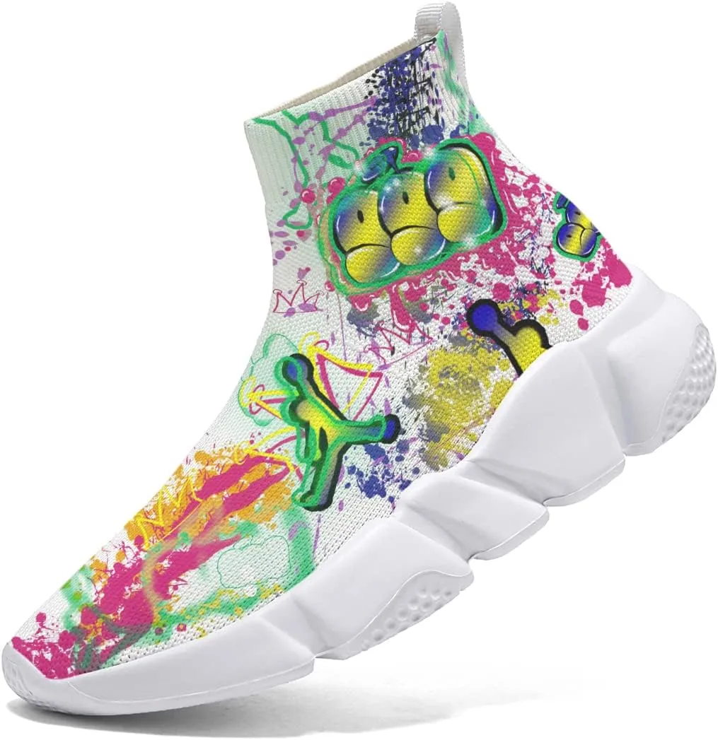 Hetios Mens Walking Shoes Graffiti Sneakers Running Shoes Sock Shoes Lightweight Comfy Breathable Multicolor