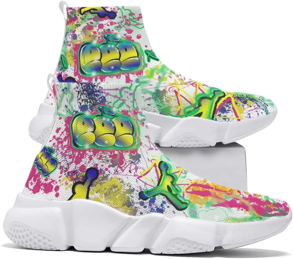 Hetios Mens Walking Shoes Graffiti Sneakers Running Shoes Sock Shoes Lightweight Comfy Breathable Multicolor