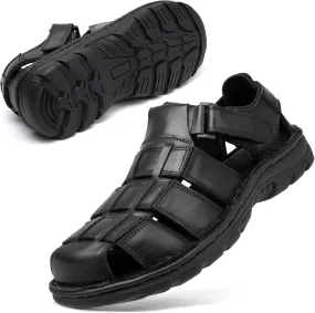 KOIMED Men's Hiking Leather Sandals Closed Toe Water Shoes For Summer Athletic Outdoor Walking Sports Trail River Fishing Wide Adjustable Waterproof Arch Support