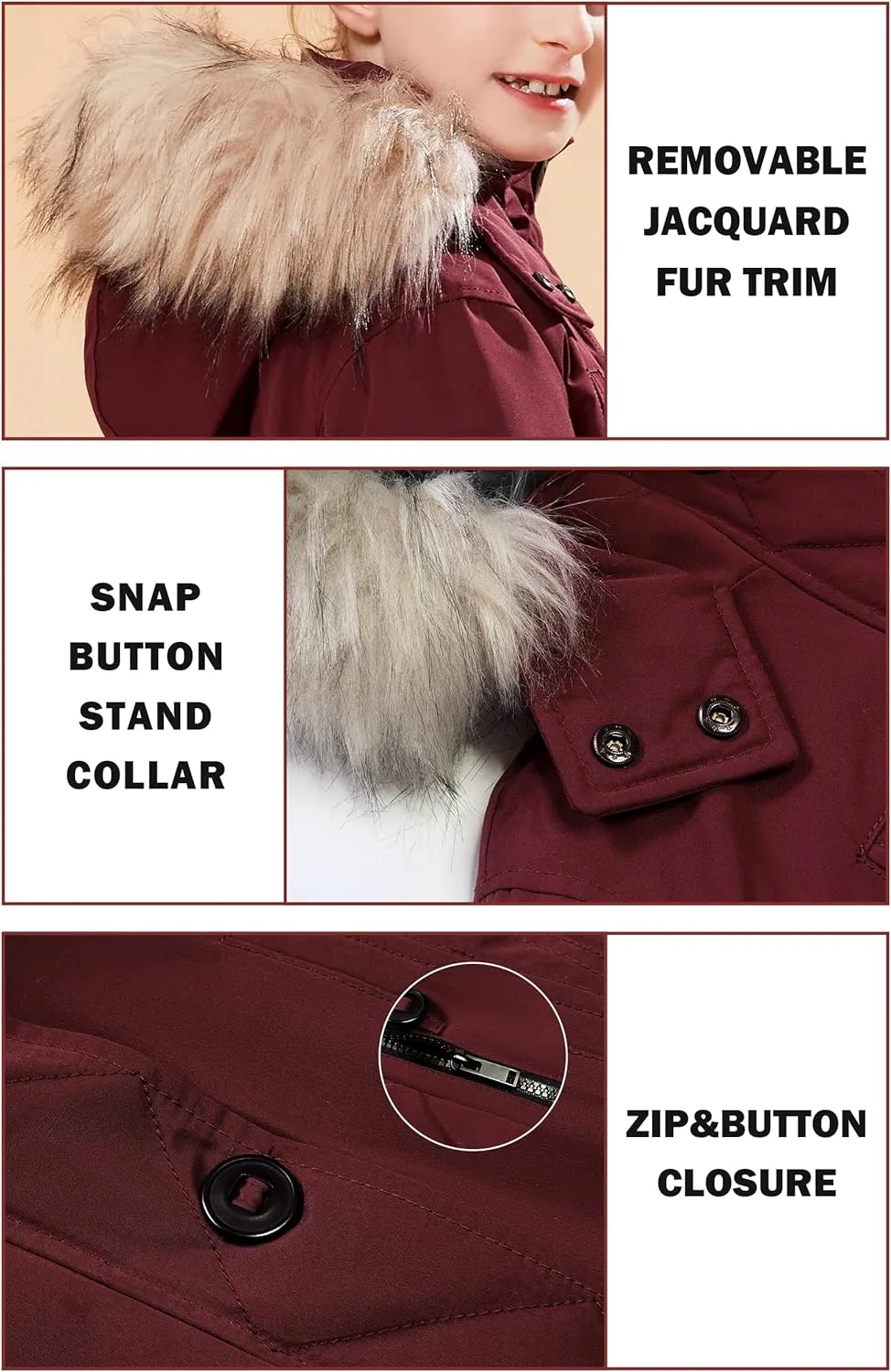 maoo garden Girls Winter Coats Heavyweight Waterproof Jacket Mid-Length Fur Hooded Parka