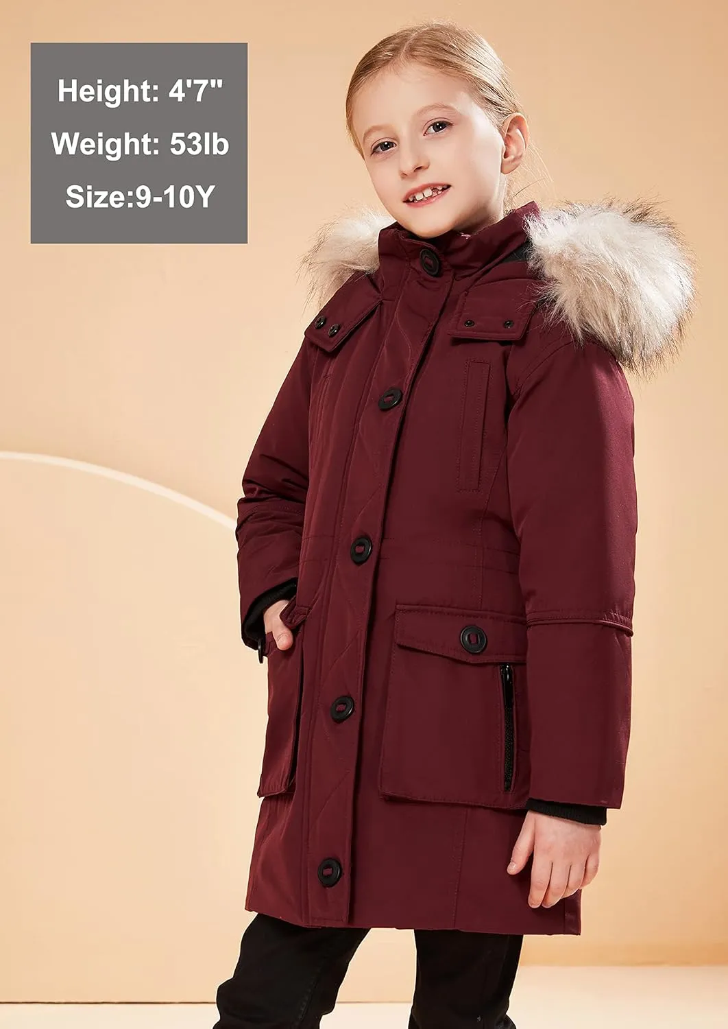 maoo garden Girls Winter Coats Heavyweight Waterproof Jacket Mid-Length Fur Hooded Parka