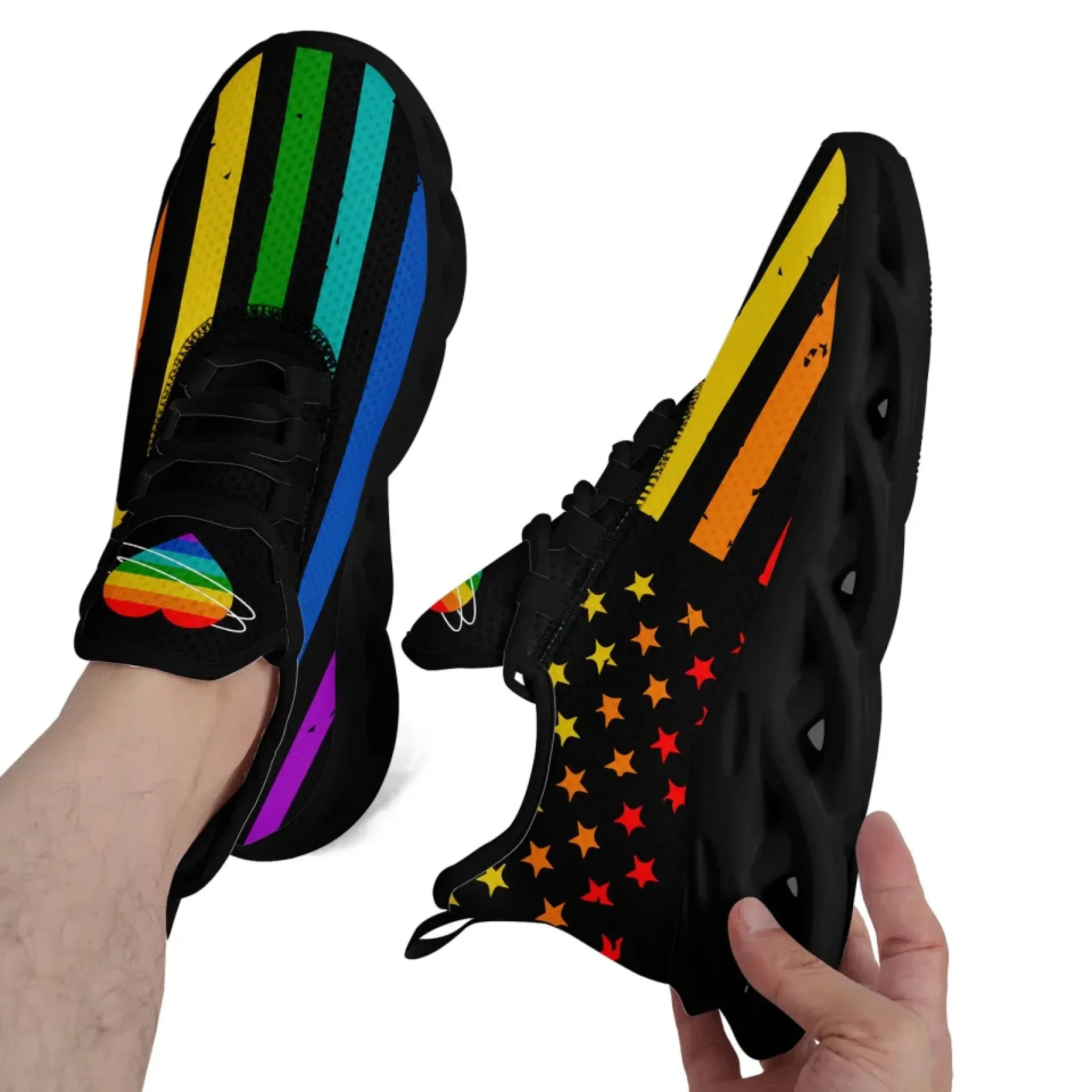 Personalized Pride Moon Glow Sneakers, Custom Celestial Rainbow Shoes, Comfortable Walking Shoes