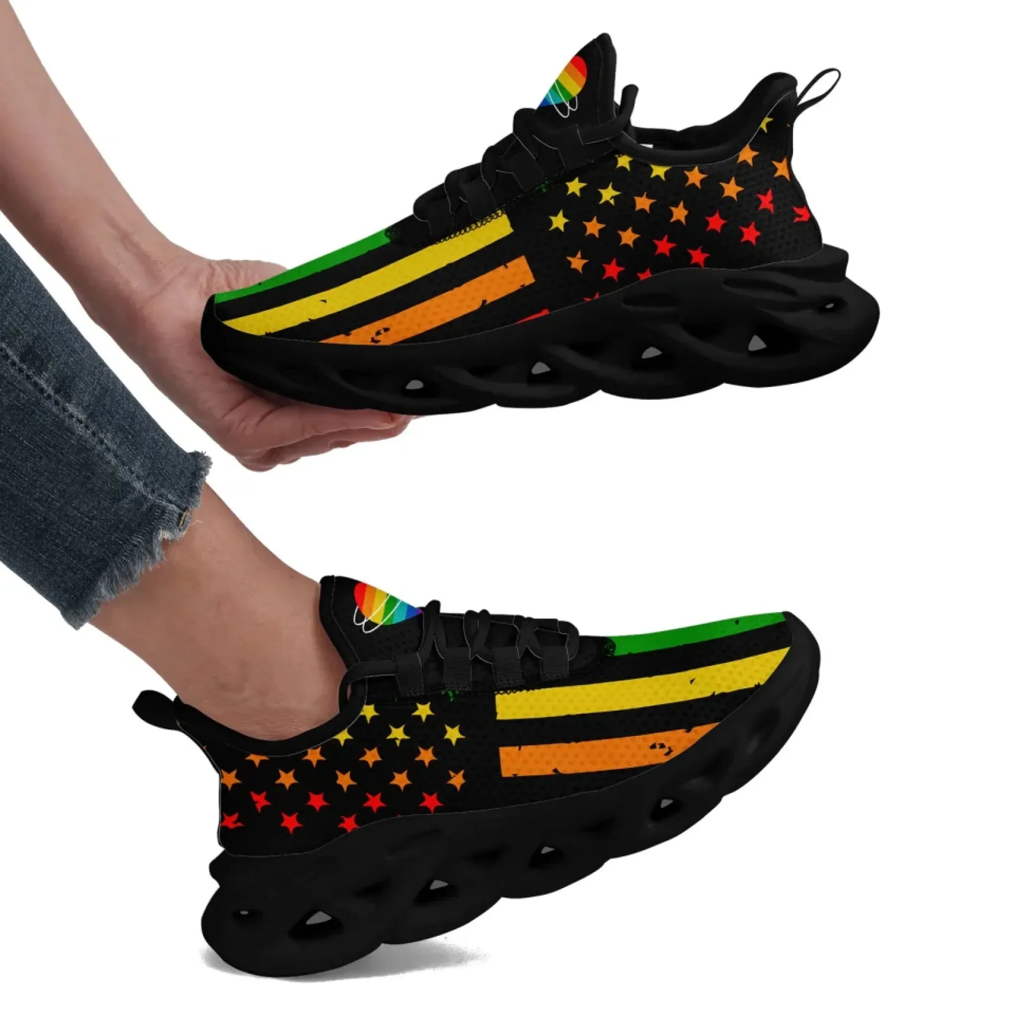 Personalized Pride Moon Glow Sneakers, Custom Celestial Rainbow Shoes, Comfortable Walking Shoes