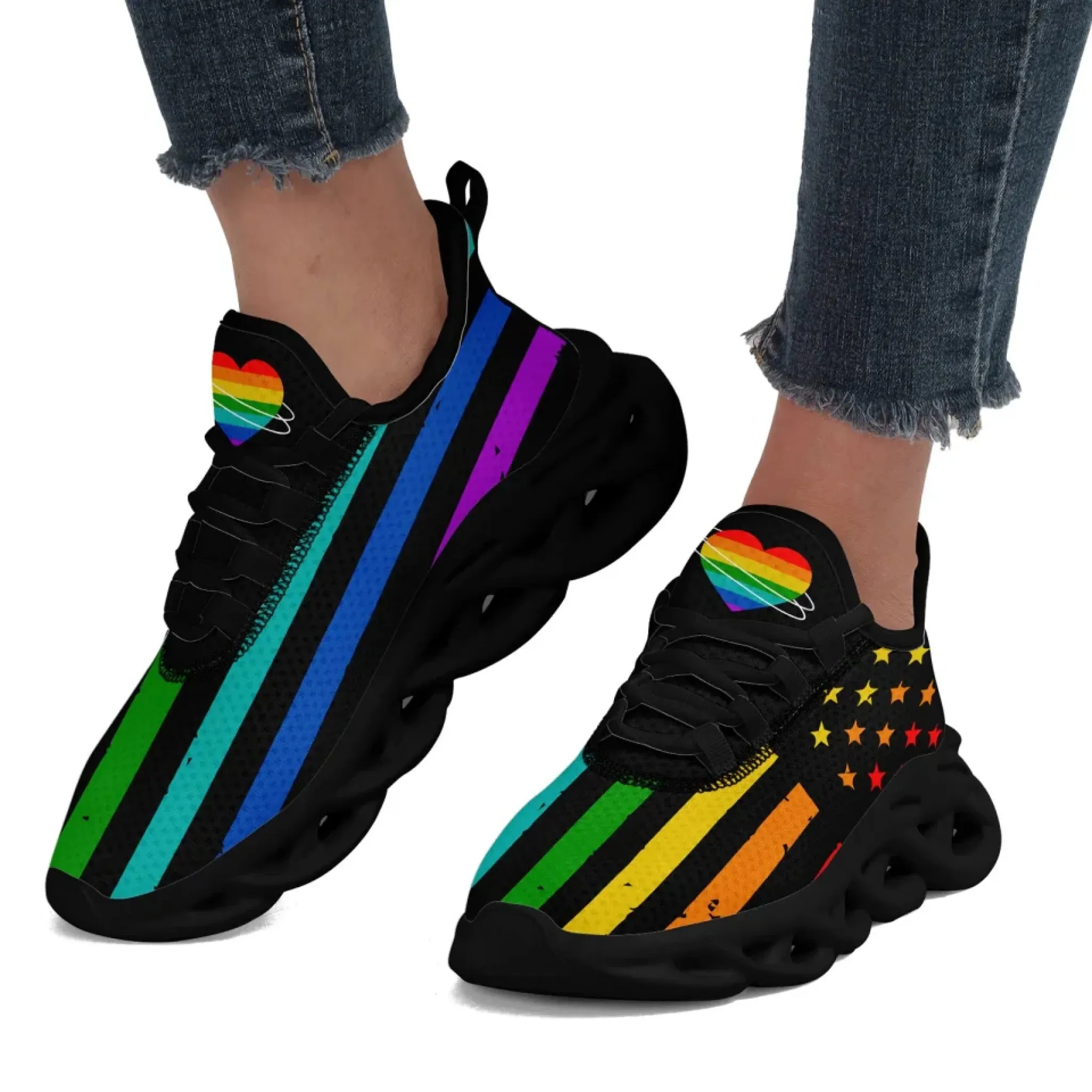 Personalized Pride Moon Glow Sneakers, Custom Celestial Rainbow Shoes, Comfortable Walking Shoes