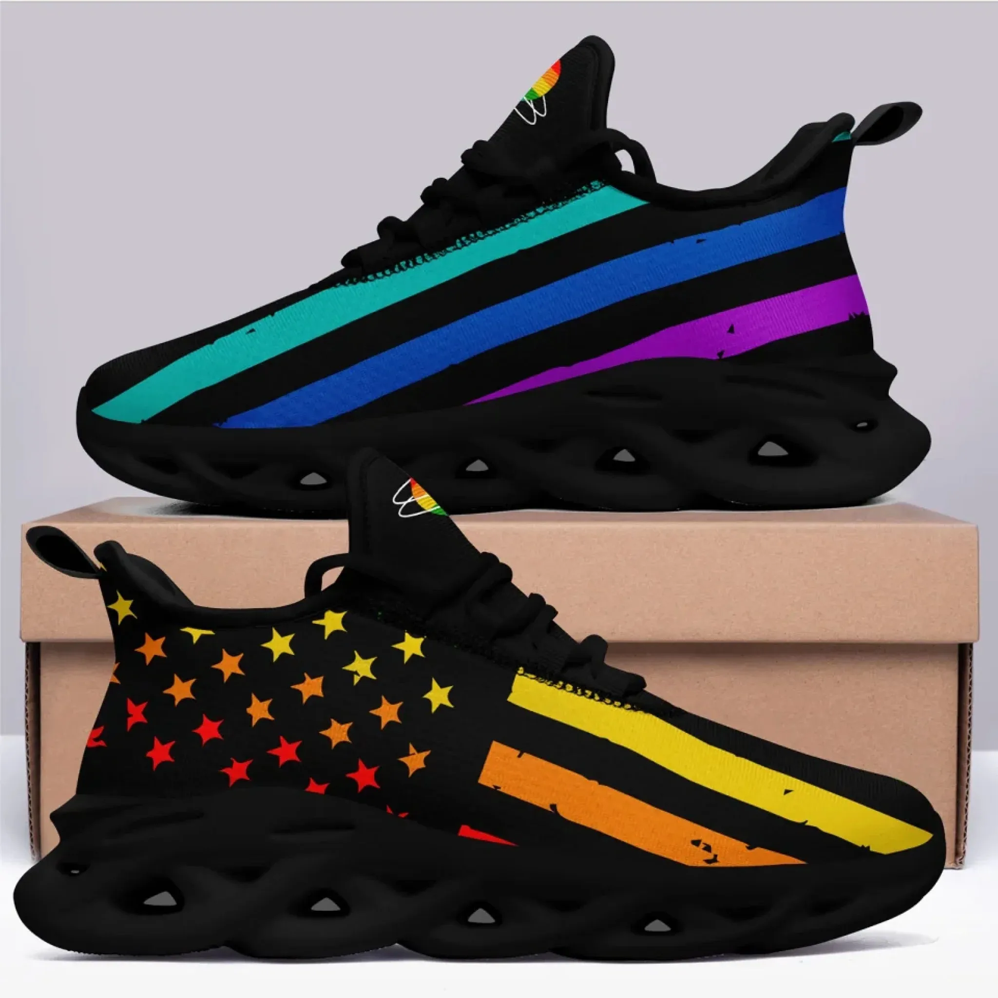 Personalized Pride Moon Glow Sneakers, Custom Celestial Rainbow Shoes, Comfortable Walking Shoes