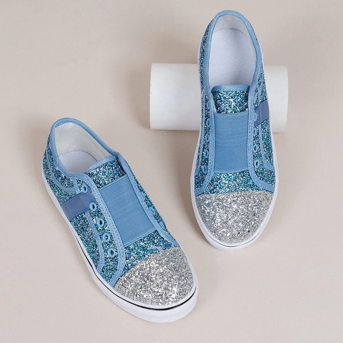 Women's blue silver rhinestone glitter slip on loafers casual shoes