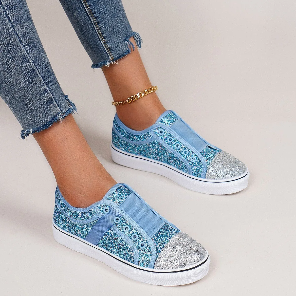 Women's blue silver rhinestone glitter slip on loafers casual shoes