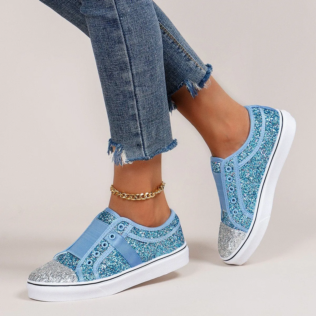 Women's blue silver rhinestone glitter slip on loafers casual shoes